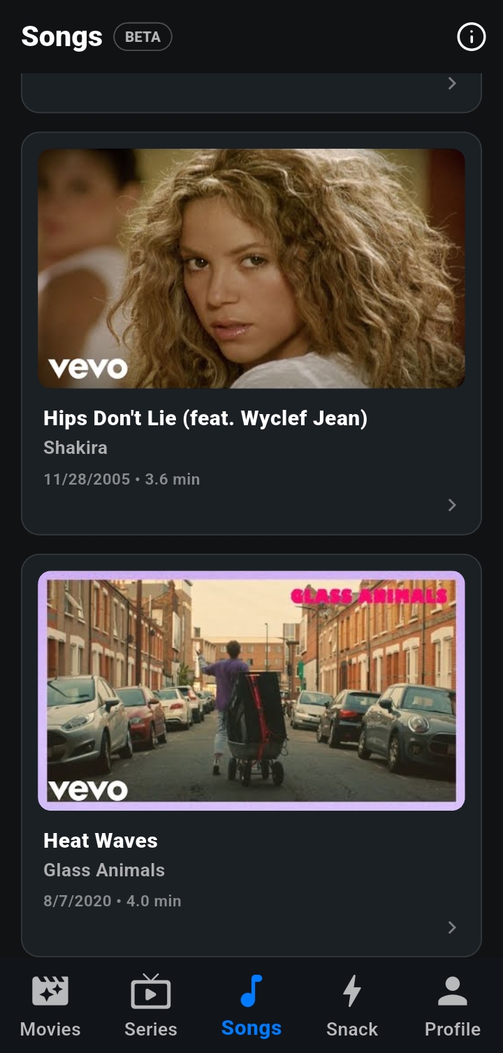 AceFlix Songs list with Hips Don't Lie and Heat Waves
